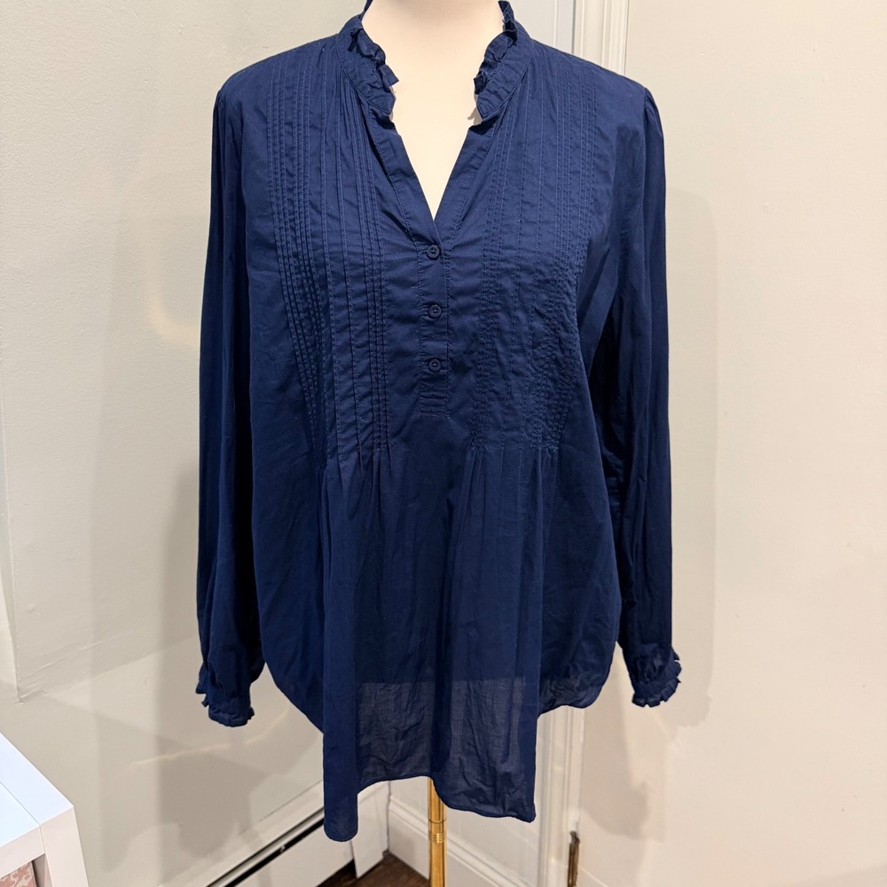 NYDJ Navy Blue Pintuck Pleated Henley Blouse Ruffle Trim | Size L